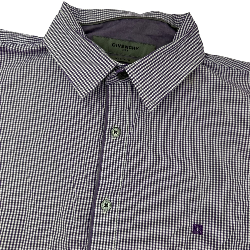 Givenchy Button Down Shirt Mens M Medium Purple Gingham Short Sleeve Modern Fit
